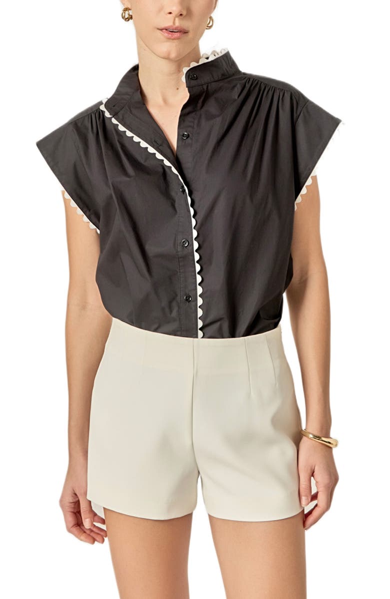 English Factory Rickrack Trim Button-Up Top, Main, color, Black/ White