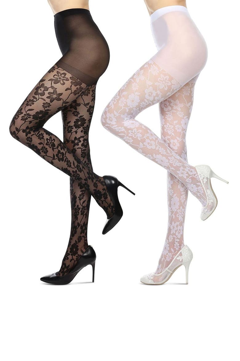 Floral Assorted 2-Pack Sheer Tights, Main, color, BLACK-WHITE