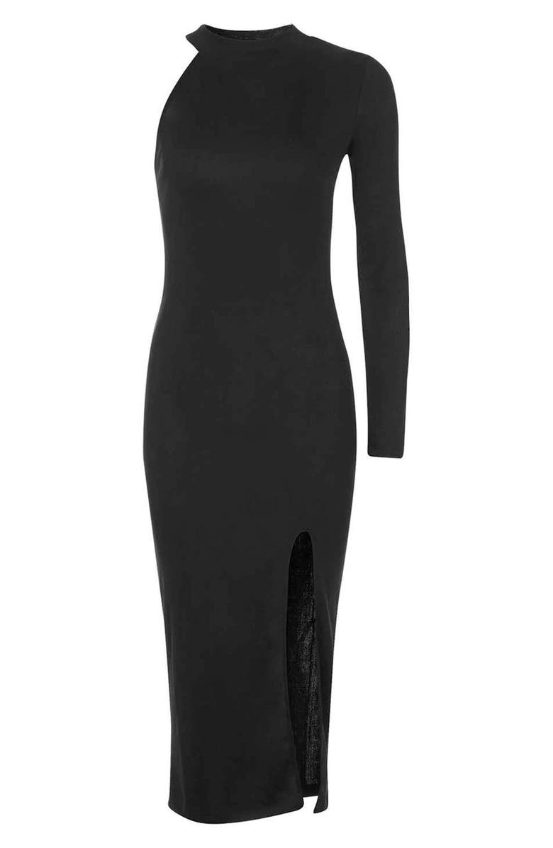 Topshop One Sleeve Ribbed Midi Dress, Alternate, color,