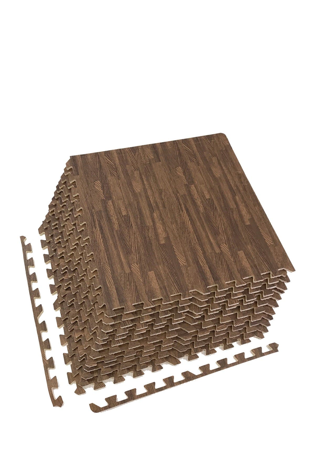 SORBUS Interlocking Floor Mat - Dark Wood Grain Print, 12 Pieces and Borders