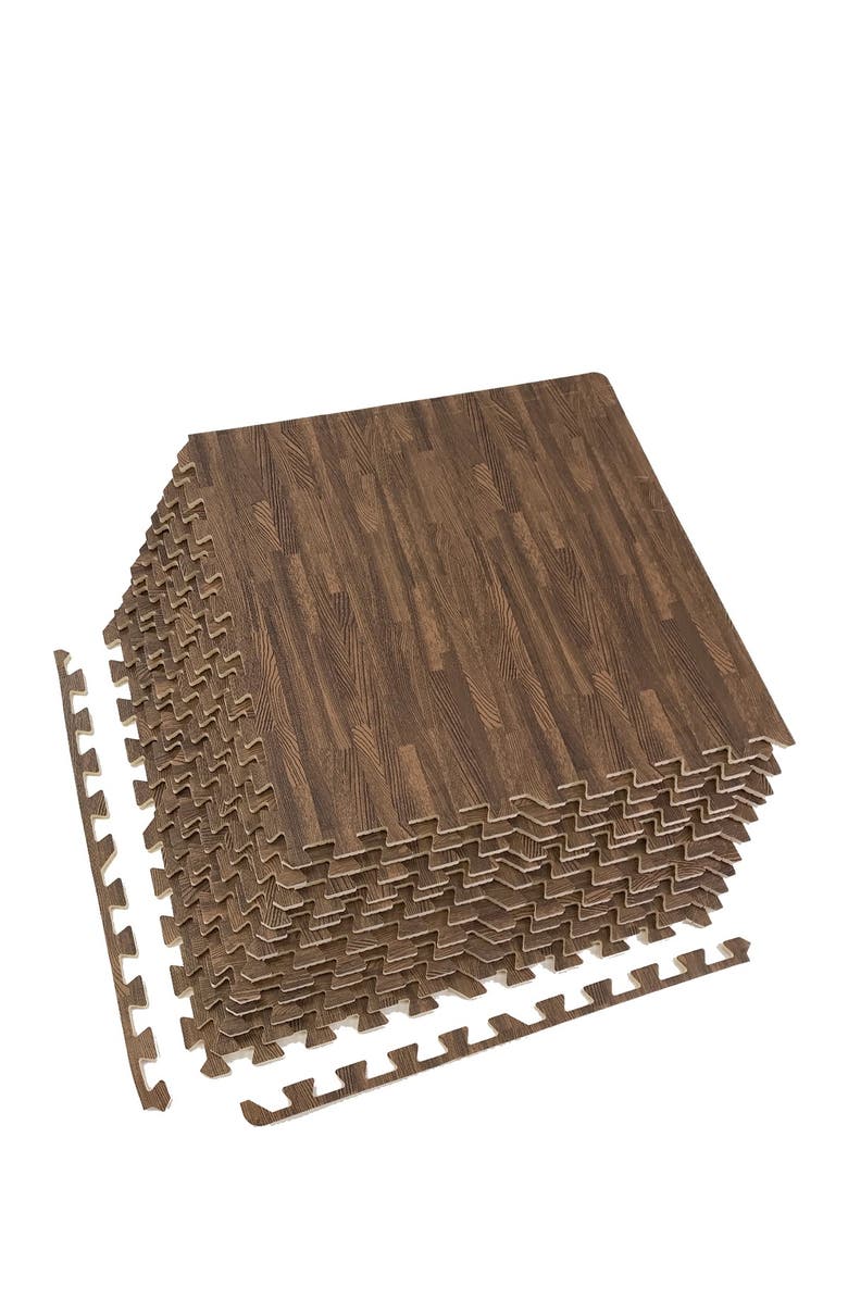 SORBUS Interlocking Floor Mat - Dark Wood Grain Print, 12 Pieces and Borders, Main, color, Dark Wood