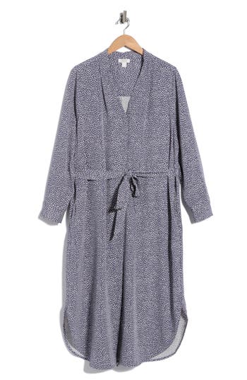Nordstrom Rack Pleated Tie Waist Long Sleeve Dress In Grey Folkstone Brush Dot