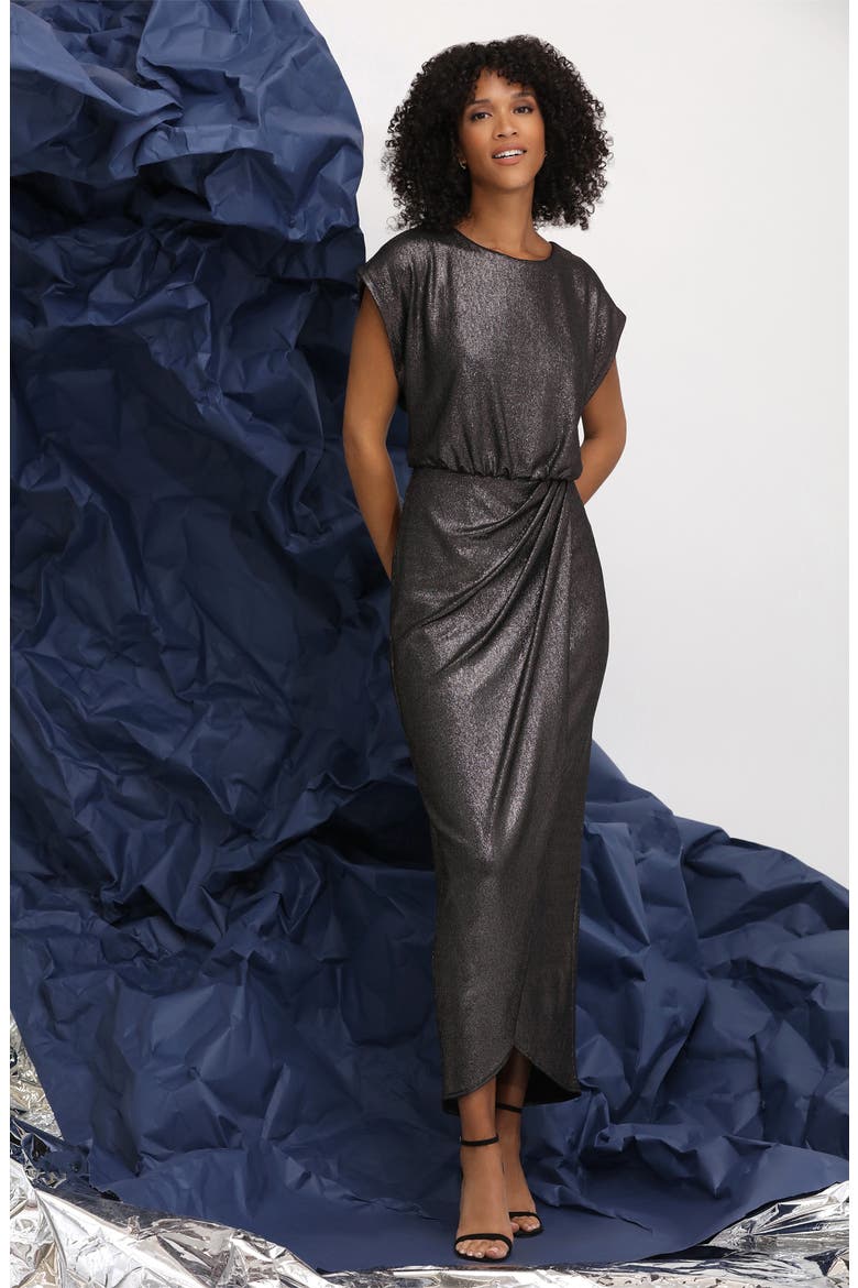 Metallic Cap Sleeve Dress, Alternate, color, GUNMETAL