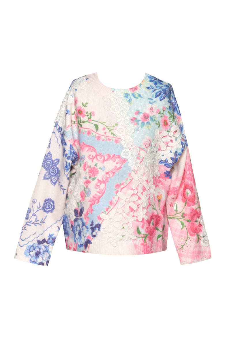 Kids' Lace Trim Floral Print Sweater, Main, color, IVORY/ PINK MULTI