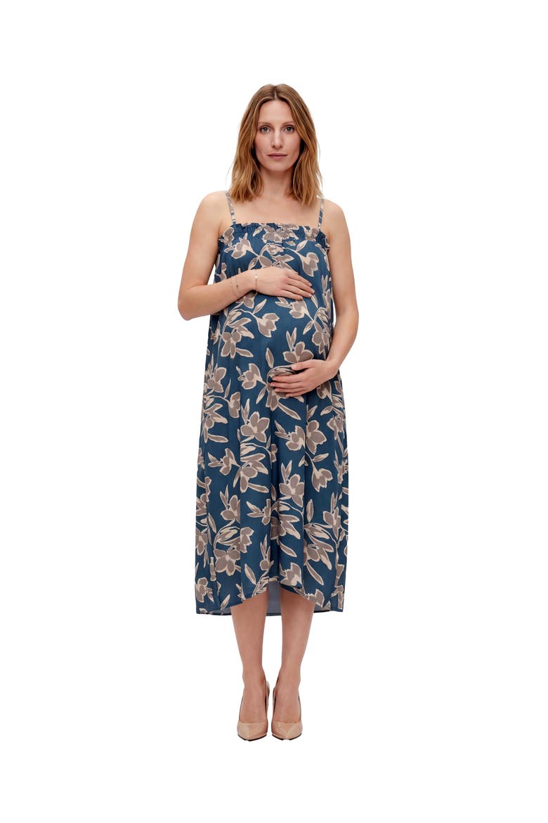 Maternity Essential Floral Print Spaghetti Strap Smocked Pocket A-Line Maxi Dress, Main, color, Blue Multi