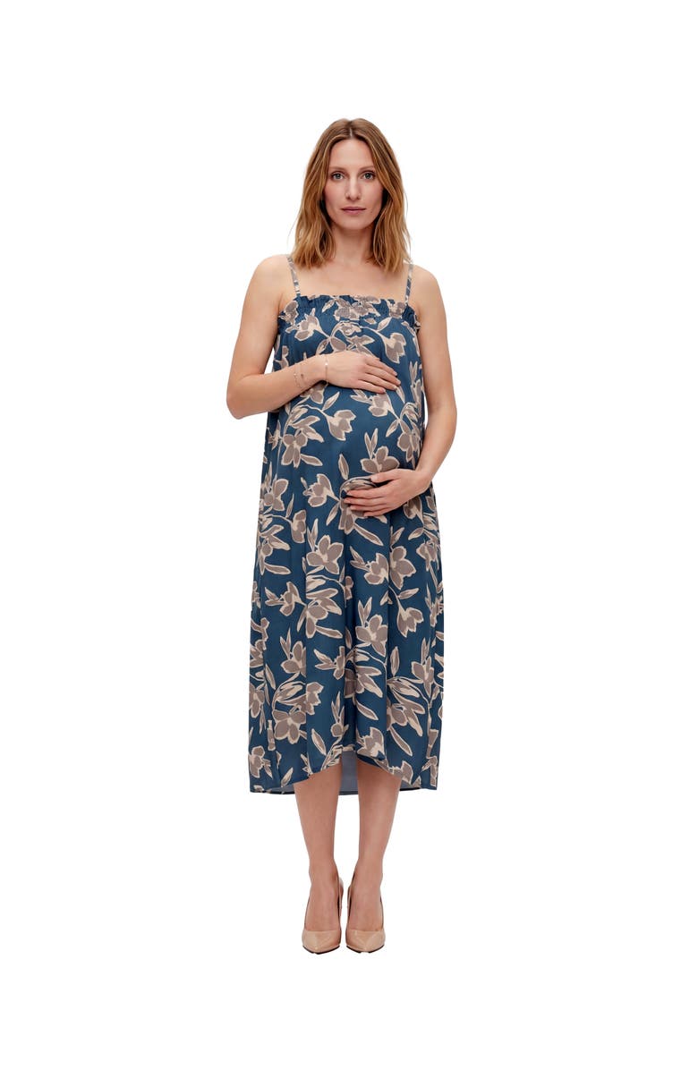 24seven Comfort Apparel Maternity Essential Floral Print Spaghetti Strap Smocked Pocket A-Line Maxi Dress, Main, color, Blue Multi