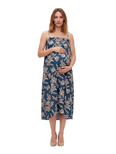 Maternity Essential Floral Print Spaghetti Strap Smocked Pocket A-Line Maxi Dress