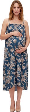 24seven Comfort Apparel Maternity Essential Floral Print Spaghetti Strap Smocked Pocket A-Line Maxi Dress