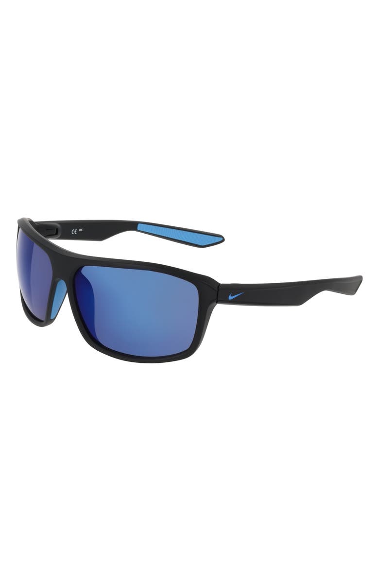 Nike Premier Stride 63mm Rectangular Sunglasses, Main, color, Matte Black / Blue Mirror