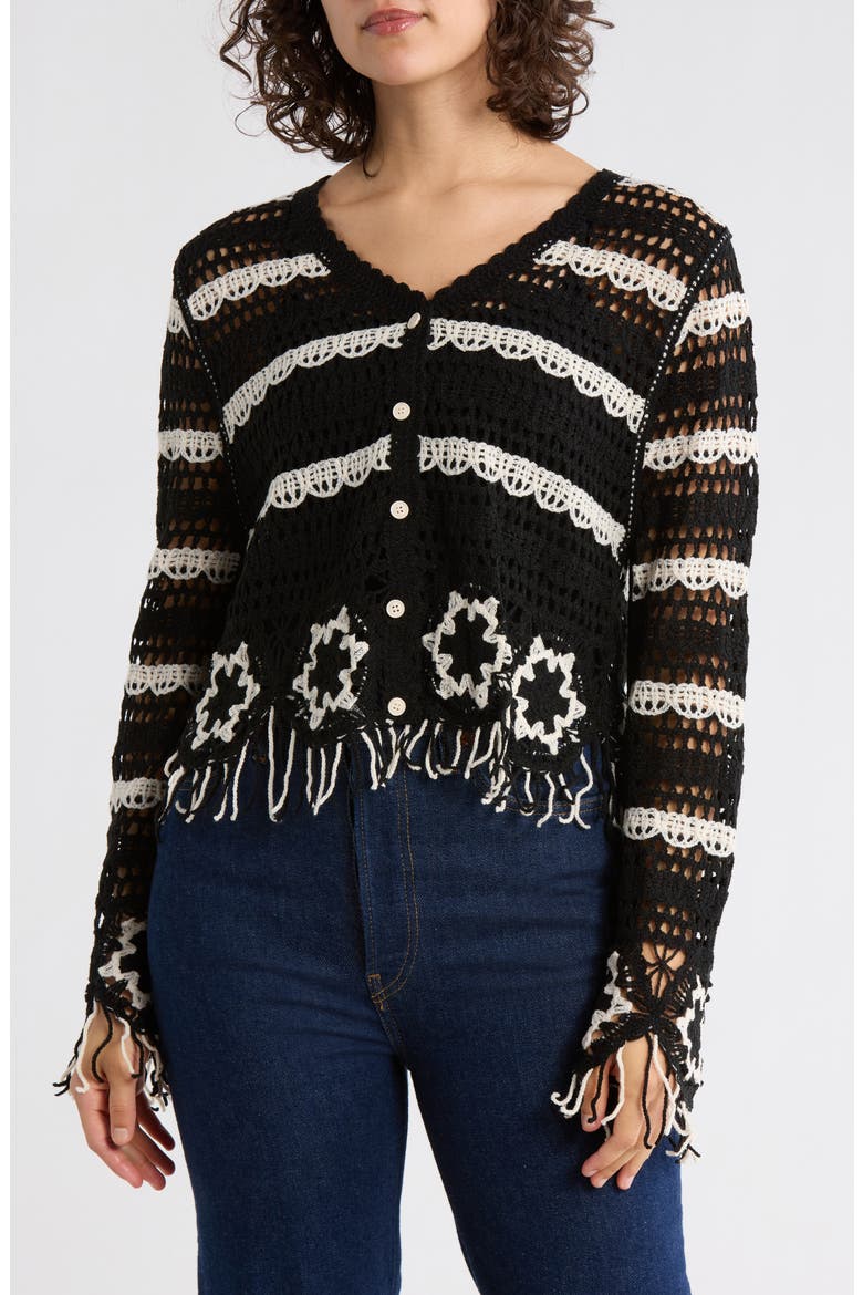 Floral Open Knit Button-Up Sweater, Main, color, BLACK/ NATURAL