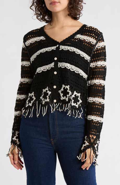 Forgotten Grace Floral Open Knit Button-Up Sweater