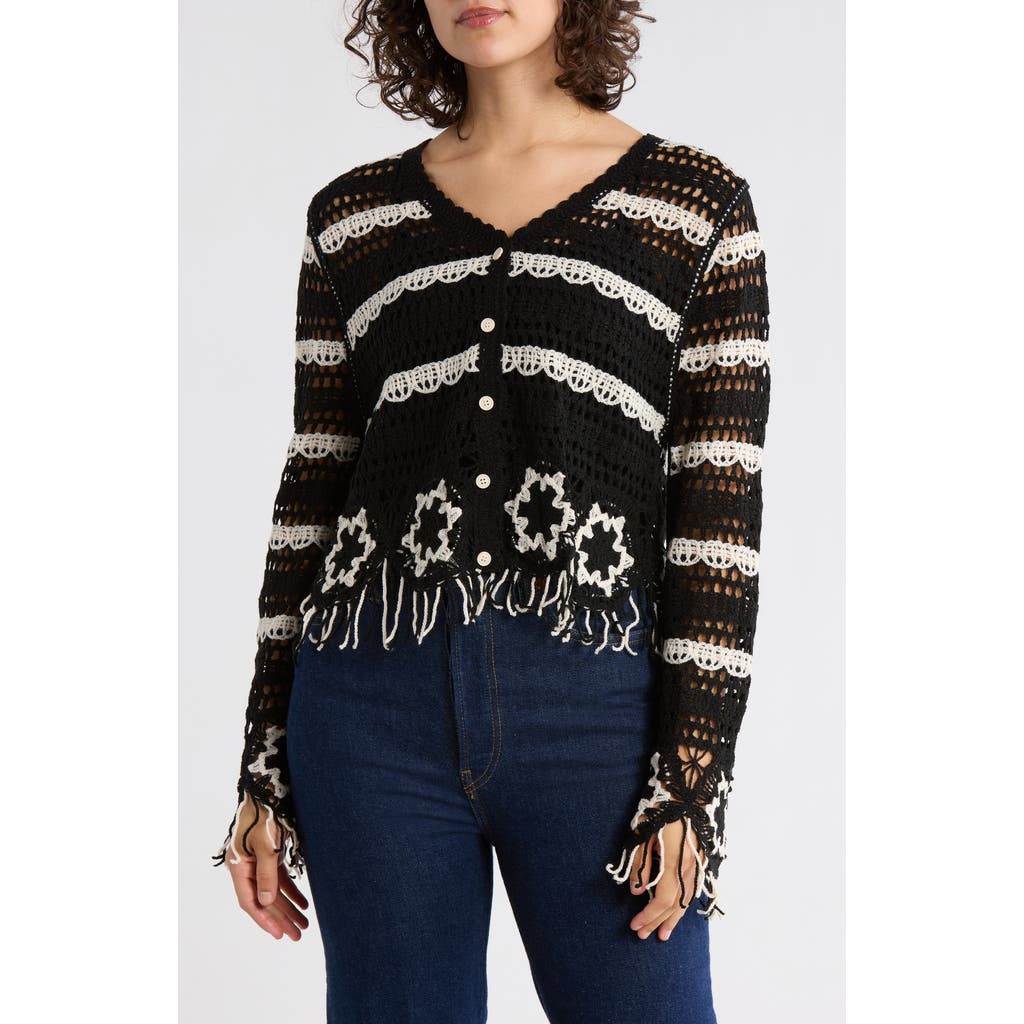 Forgotten Grace Floral Open Knit Button-up Sweater In Multi
