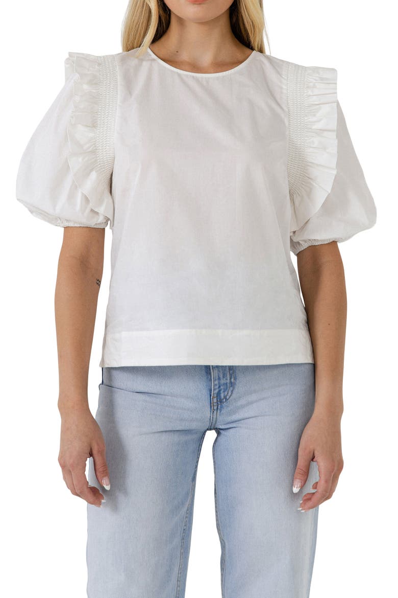 Ruffle Smocked Puff Sleeve Blouse, Alternate, color, WHITE