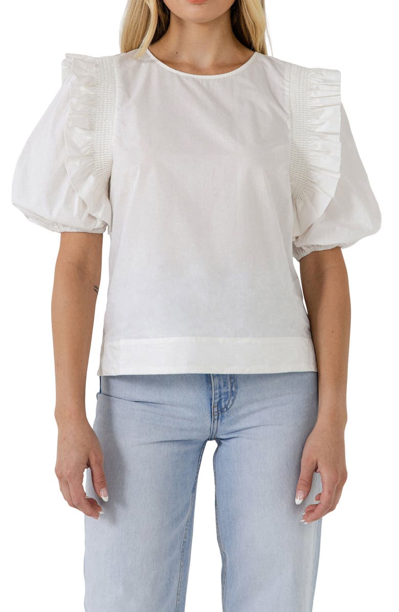English Factory Ruffle Smocked Puff Sleeve Blouse, Alternate, color, White