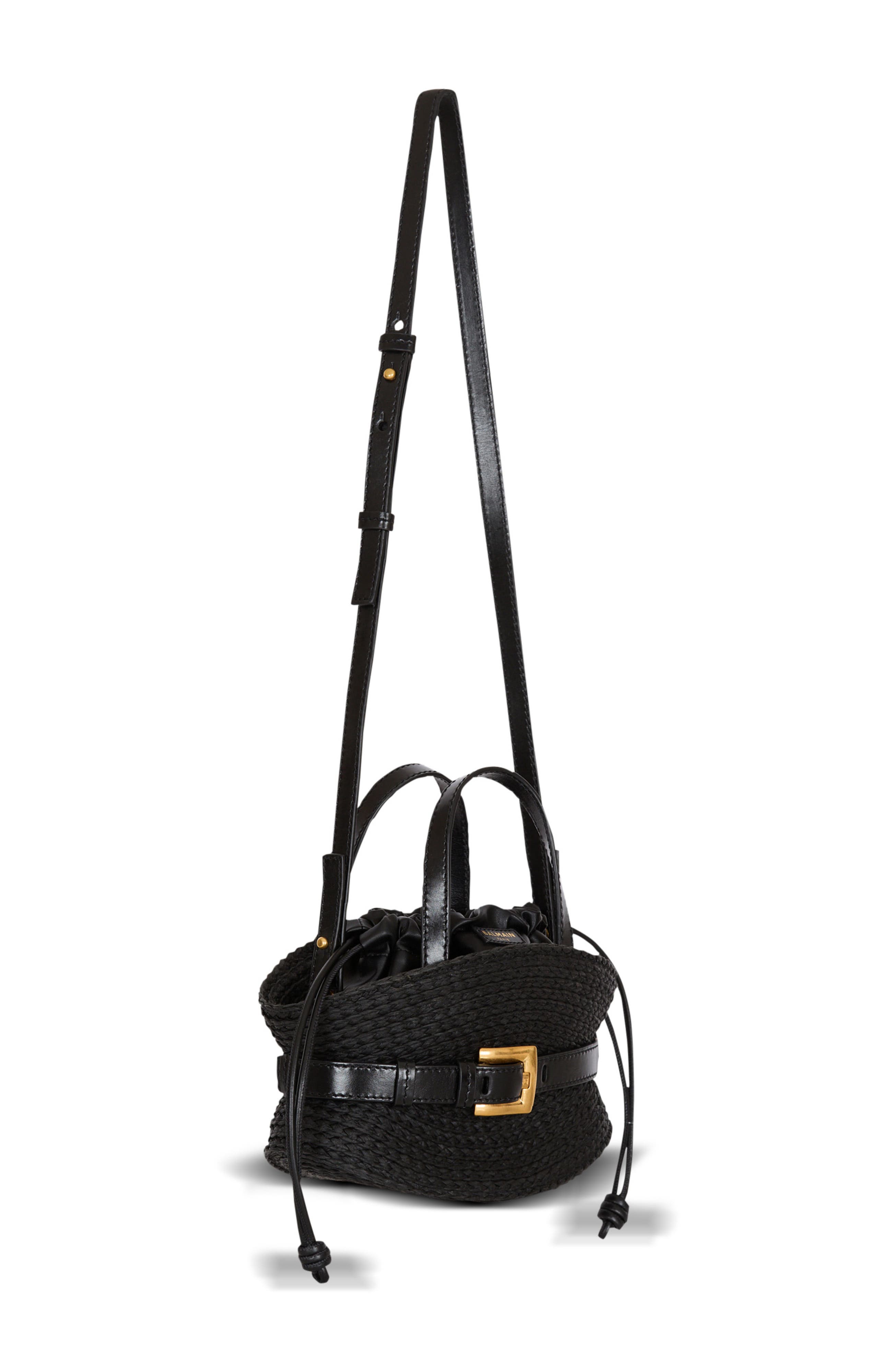 Balmain Shuffle Mini bag in calfskin and raffia, Alternate, color, Black