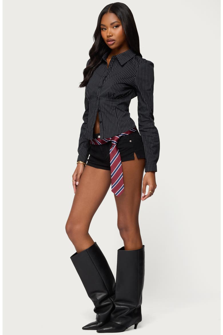 Tailored Pinstripe Button-Up Shirt, Alternate, color, BLACK