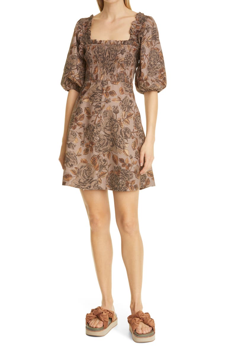 Floral Puff Sleeve Organic Cotton Poplin Dress, Main, color, FOSSIL