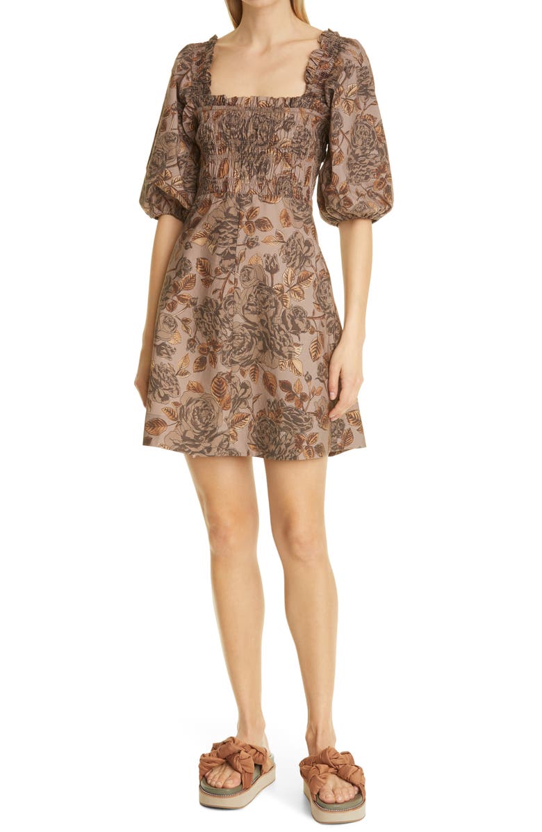 Ganni Floral Puff Sleeve Organic Cotton Poplin Dress, Main, color, 