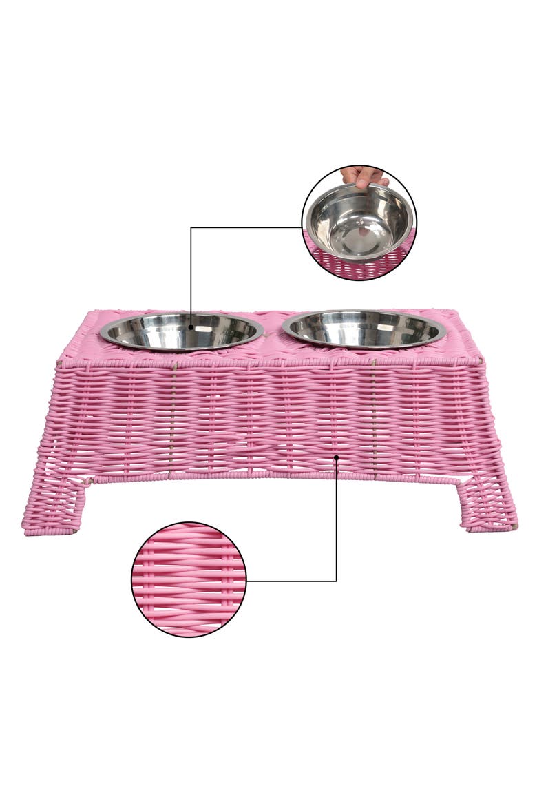 Serenity 6.9" Small/Medium Elevated Wicker Pet Feeder with 18oz (2.2 Cups) 2-Stainless Steel Bowls, Alternate, color, Pink