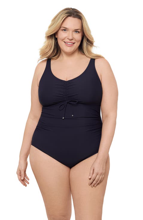 Plus Size Cinch V-neck Side Shirred One-Piece Swimsuit