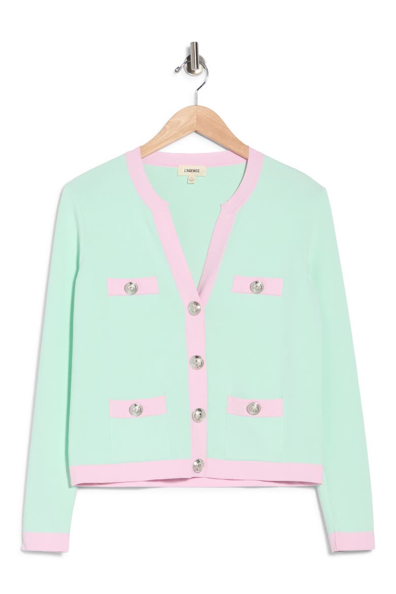 Estefania Contrast Trim Cardigan, Alternate, color, PALE JADE/ PINK