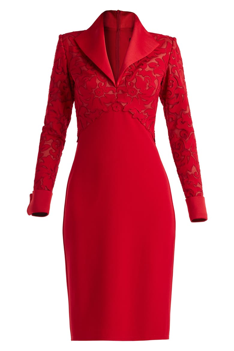 Lace Detail Long Sleeve Sheath Cocktail Dress, Alternate, color, CHERRY