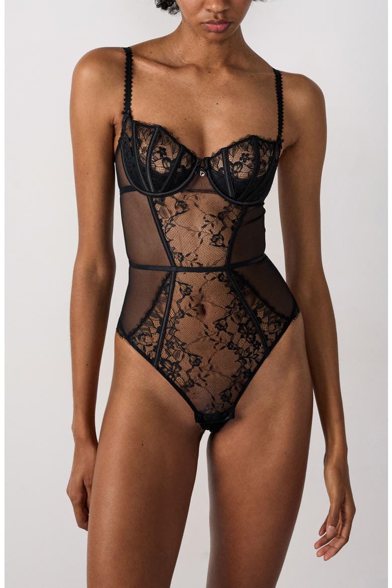 Mascarade Embroidered Underwire Bodysuit, Main, color, BLACK