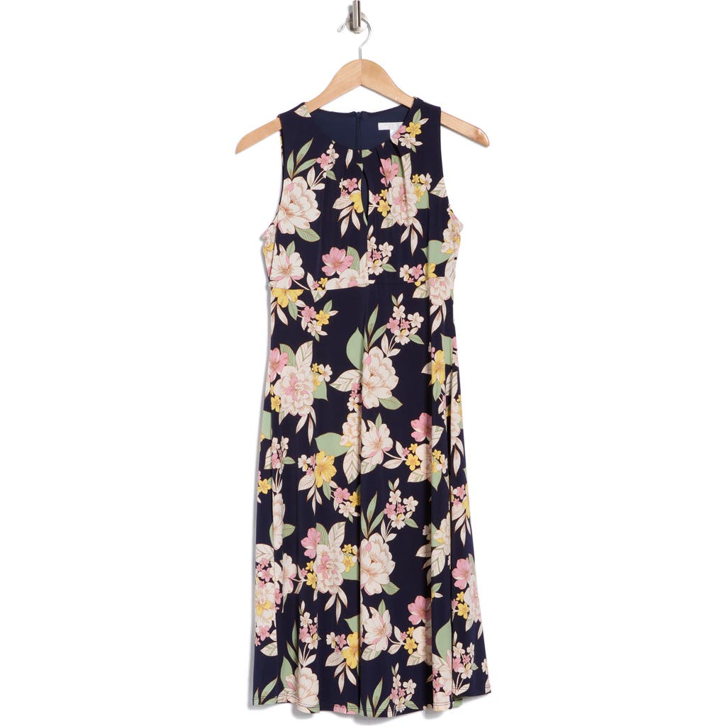 London Times Floral Print Sleeveless Dress In Navy Ivory