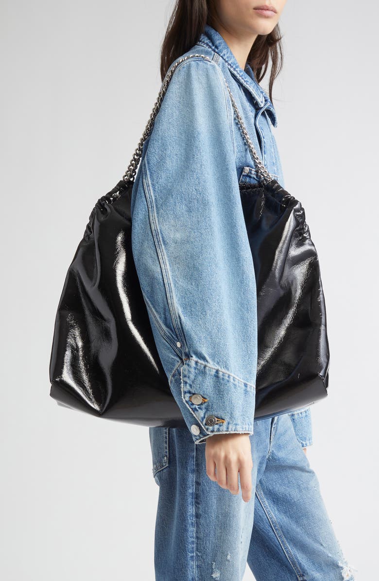 Stella McCartney Falabella Crinkle Patent Drawstring Tote, Alternate, color, Black