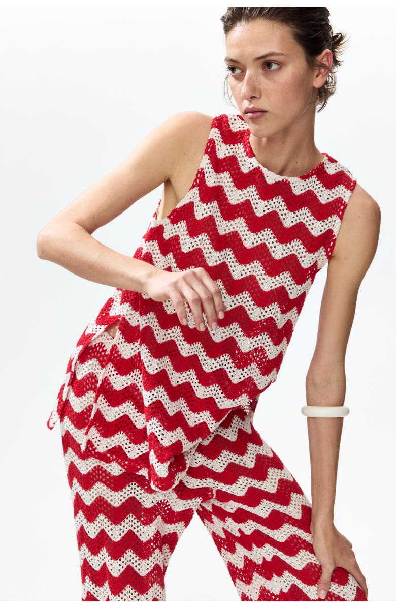 H&M Crochet-look Jacquard Jersey Top, Alternate, color, White/Red Striped