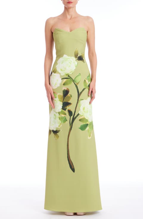 Placed Floral Strapless Sheath Gown