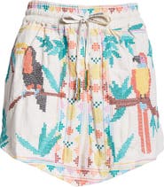 FARM Rio Stitched Birds Pull-On Linen Blend Shorts