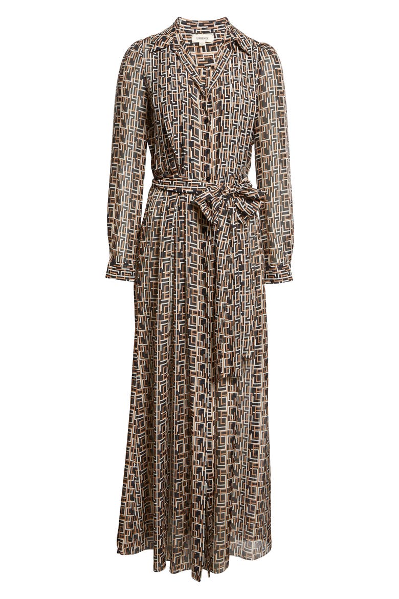 Klaudia Print Tie Waist Long Sleeve Silk Maxi Shirtdress, Alternate, color, BLACK MULTI L GEO PRINT