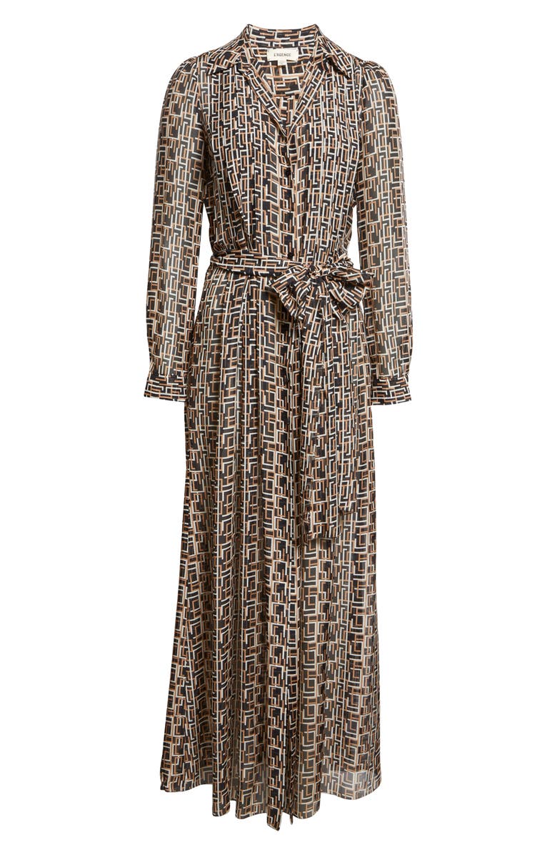 L'AGENCE Klaudia Print Tie Waist Long Sleeve Silk Maxi Shirtdress, Alternate, color, Black Multi L Geo Print