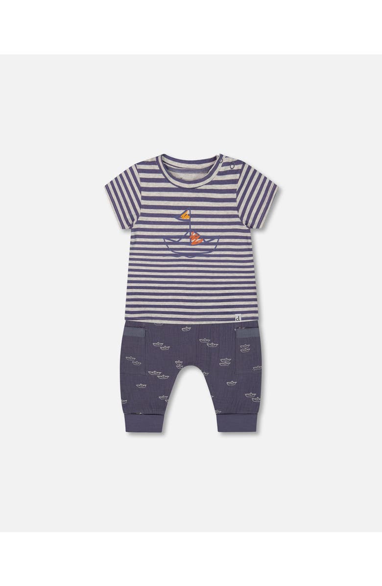 Deux par Deux Baby Boy's Organic Cotton Top And Muslin Pant Set Striped Navy, Main, color, 