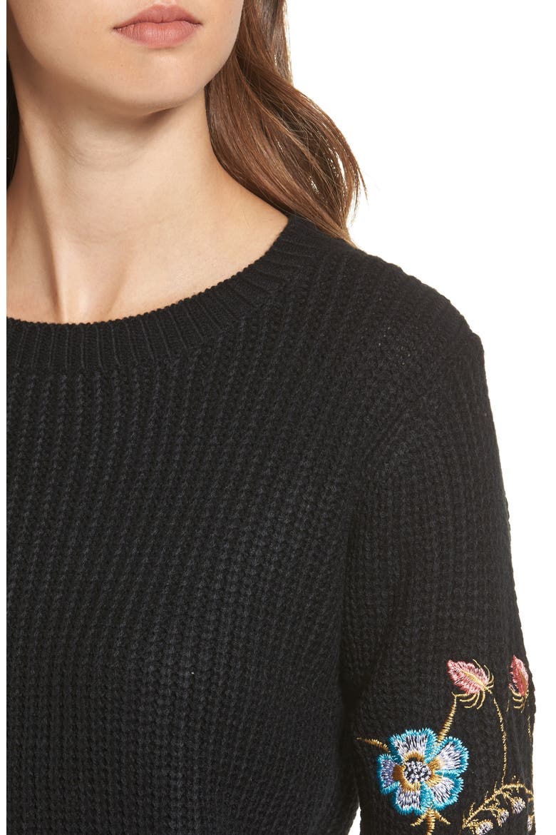 Embroidered Waffle Stitch Sweater, Alternate, color, BLACK
