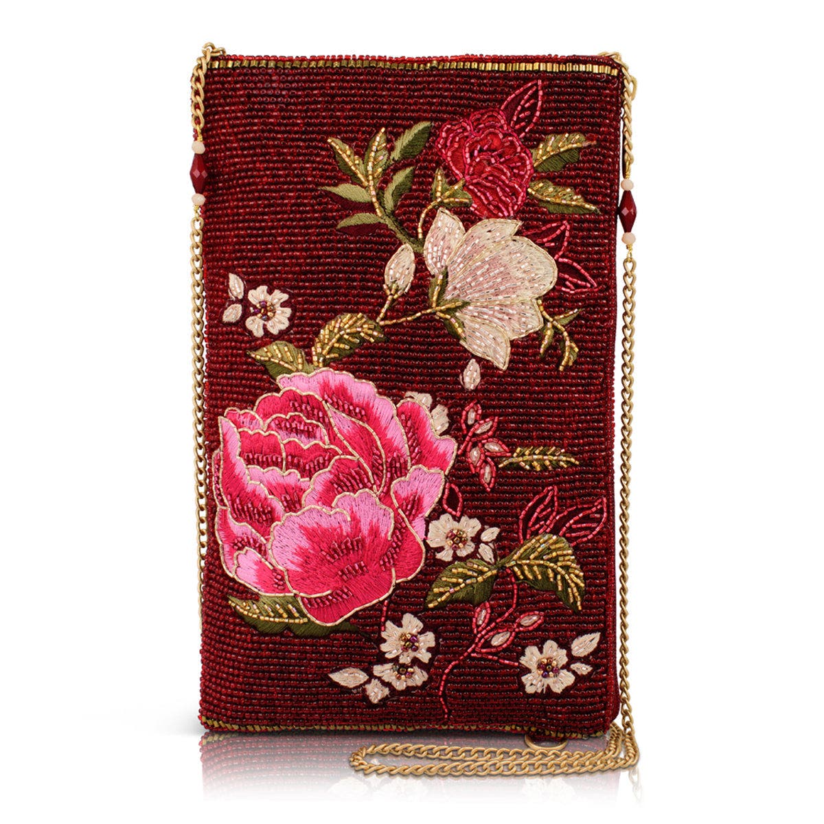 Mary Frances Accessories Eastern Bloom Crossbody Phone Bag, Main, color, Dark Red