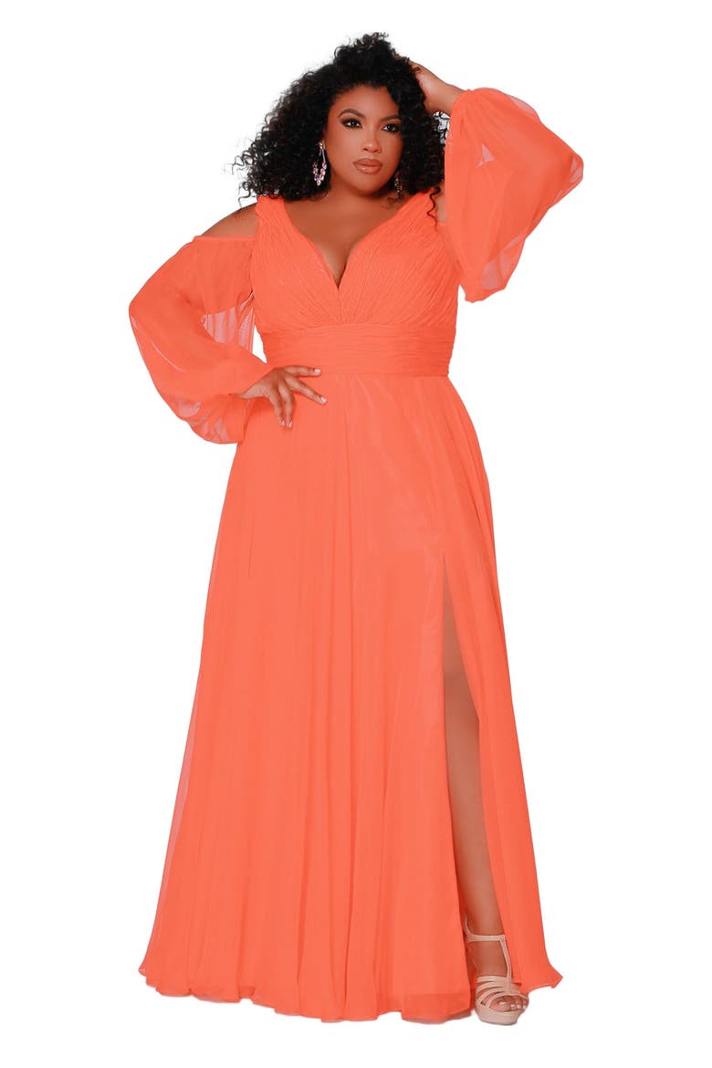 Cold Shoulder Chiffon Plus Size A-Line Evening Gown, Main, color, Coral