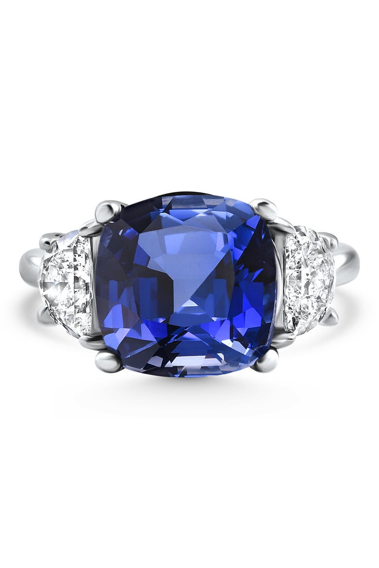 8.50Ct TW Cushion Blue Sapphire & Diamond 3-Stone Ring 14k Gold Lab Grown, Main, color, 14k White Gold