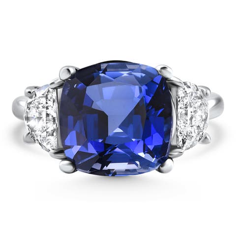 8.50Ct TW Cushion Blue Sapphire & Diamond 3-Stone Ring 14k Gold Lab Grown