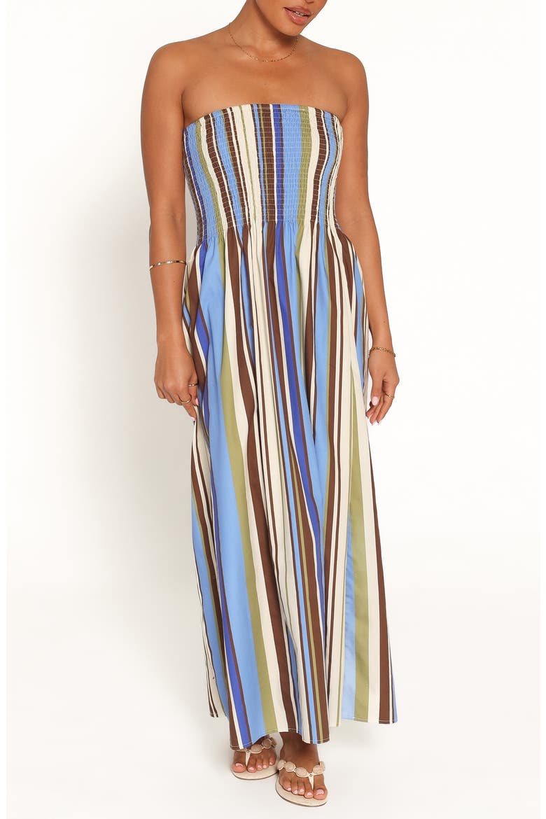 Nella Strapless Maxi Dress, Main, color, BLUE/ KHAKI STRIPE
