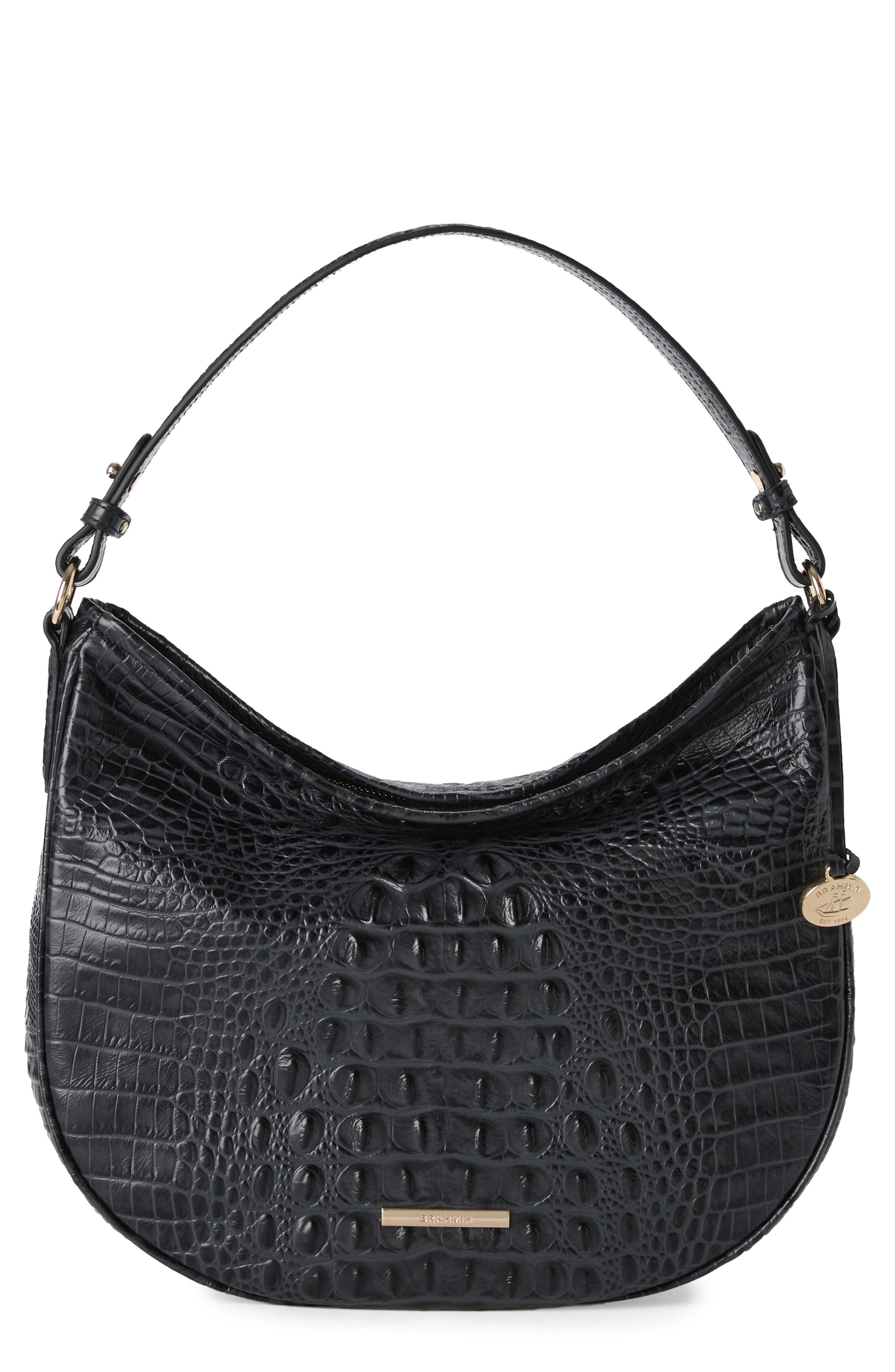 Brahmin Small Kathleen Croc Embossed Leather Shoulder Bag, Main, color, Black Alden Road