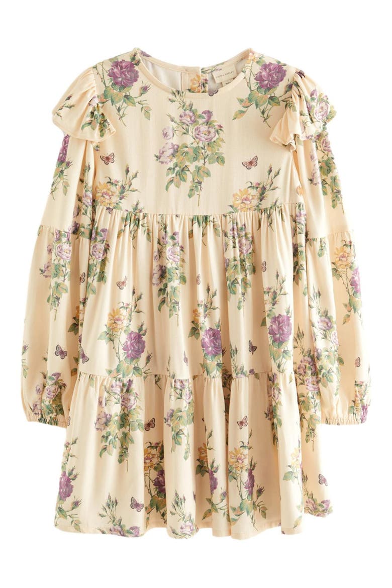 Kids' Floral Tiered Ruffle Long Sleeve Dress, Main, color, CREAM PURPLE FLORAL