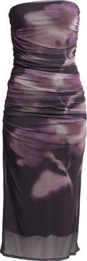 Open Edit Ruched Strapless Mesh Dress