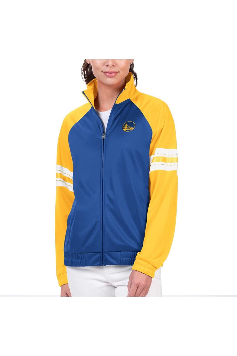Women's G-III 4Her by Carl Banks Royal Golden State Warriors Main Player Raglan Rhinestone Full-Zip Track Jacket, Main, color, Royal