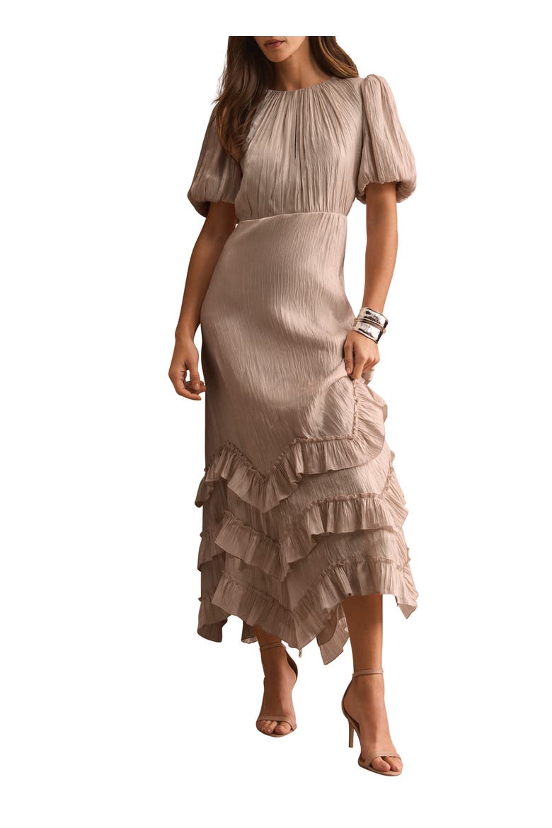Metallic Ruffle Midi Dress, Alternate, color, Neutral