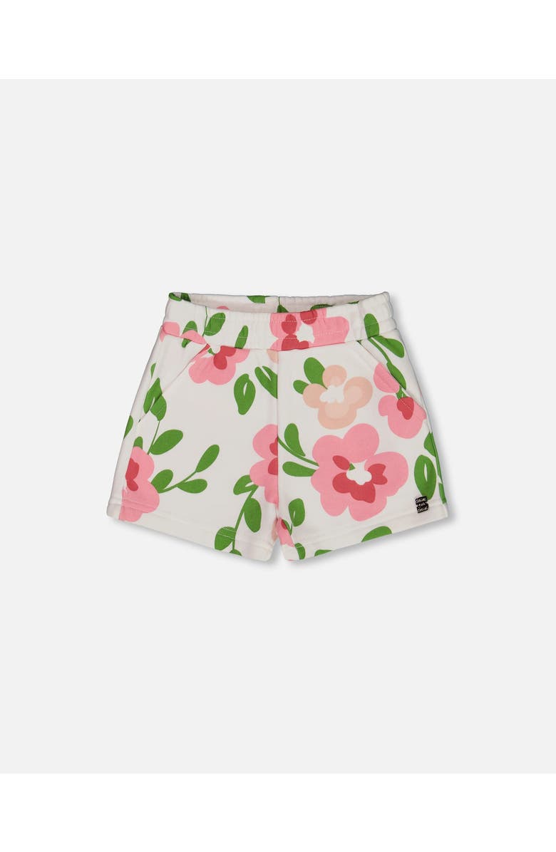 Deux par Deux Little Girl's Printed French Terry Short Pink Flowers On White Background, Main, color,