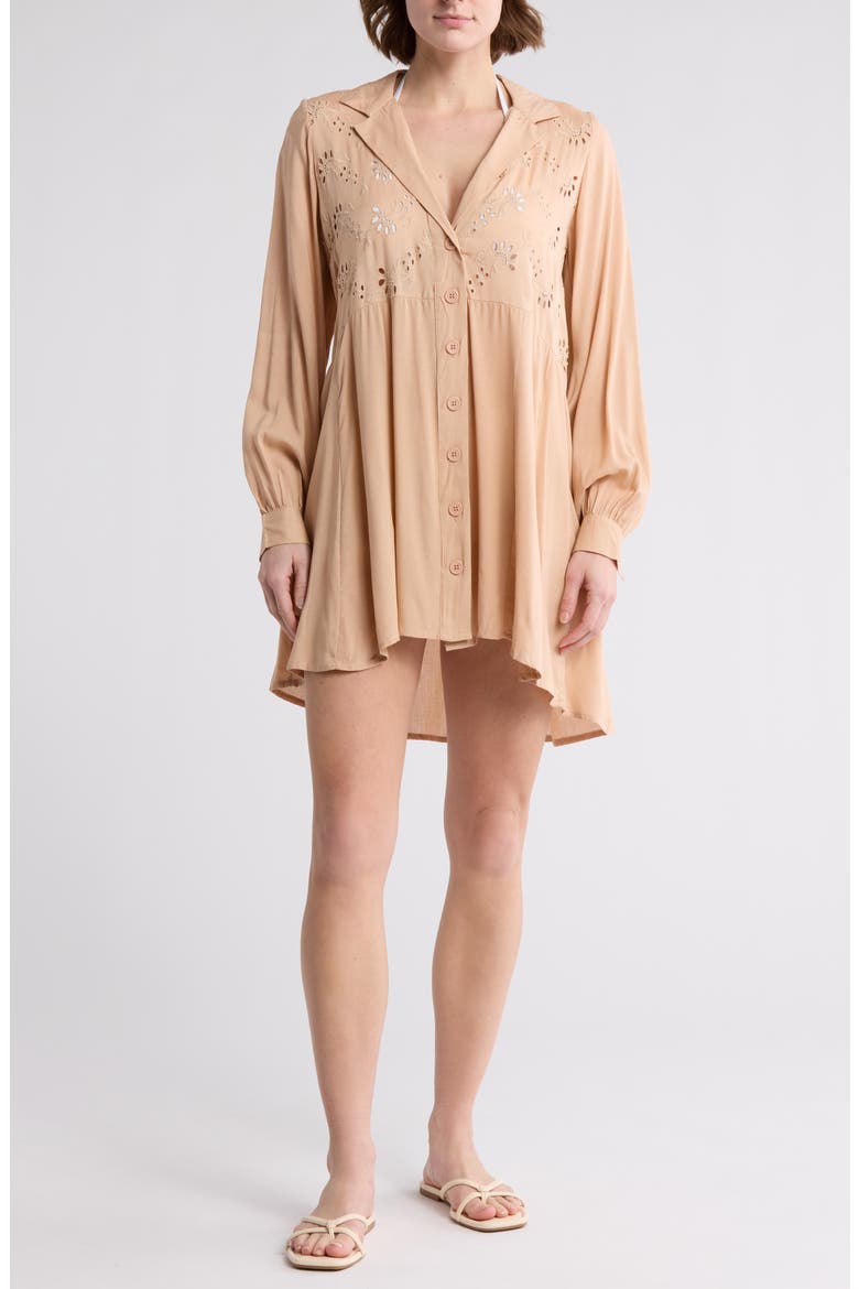 Eyelet Long Sleeve Button-Down Swim Cover-Up, Main, color, SAND