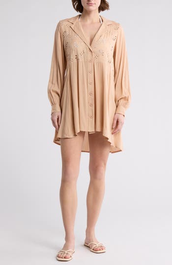 Boho Me Eyelet Long Sleeve Button-down Swim Cover-up In Sand
