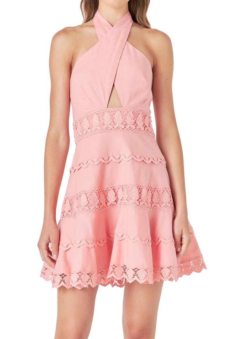 Halter Lace Trim Cotton & Linen Minidress, Alternate, color, CREAM PUFF